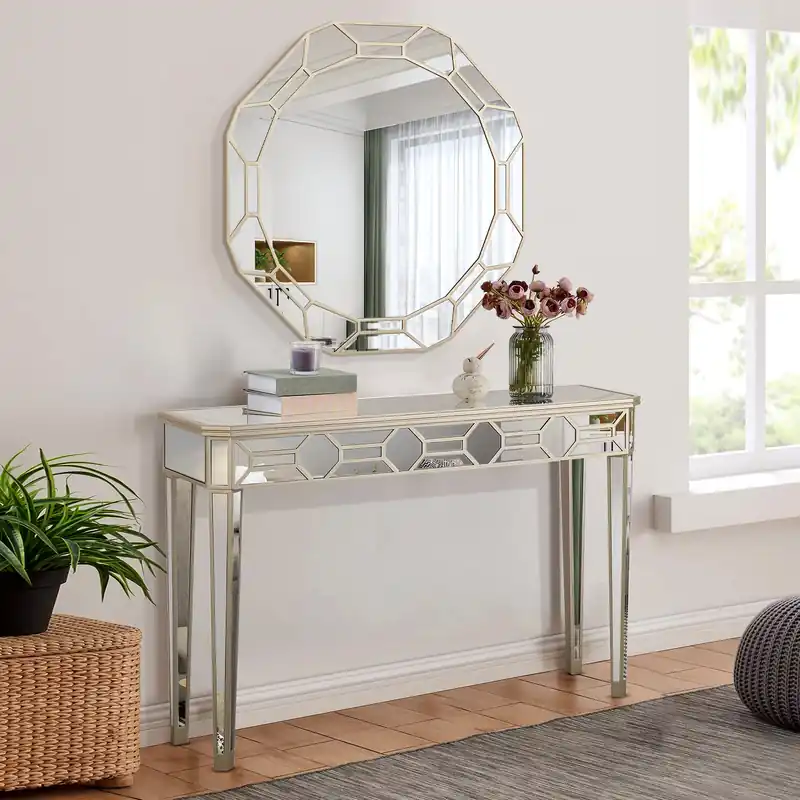 2 Piece Console Table and Mirror Set with Geometric Mirror Accents - Mollai Collections