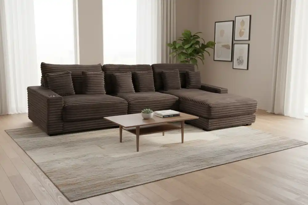 Brown Corduroy Sectional Sofa with Chaise Lounge & Pillows - Sara Collections