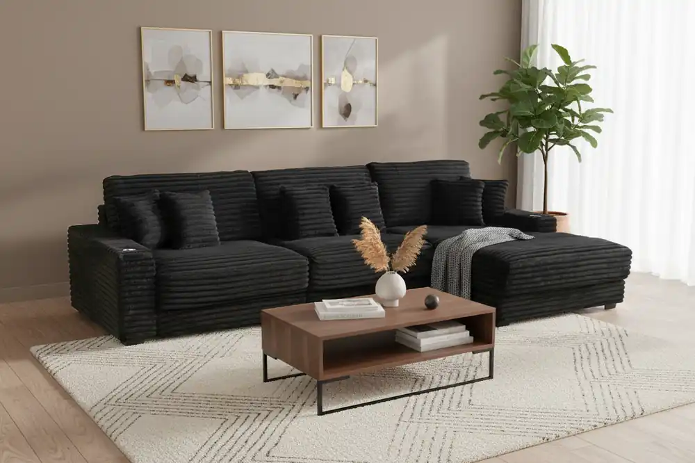 Midnight Black Wide Wale Corduroy Modular Sectional with Chaise, USB Charging & Cup Holders - Sara Collections