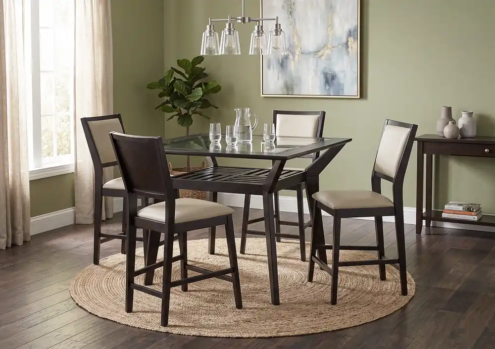 Modern 5-Piece Counter Height Dining Set with Tempered Glass Top Pub Table and 4 Cream PU Upholstered Chairs