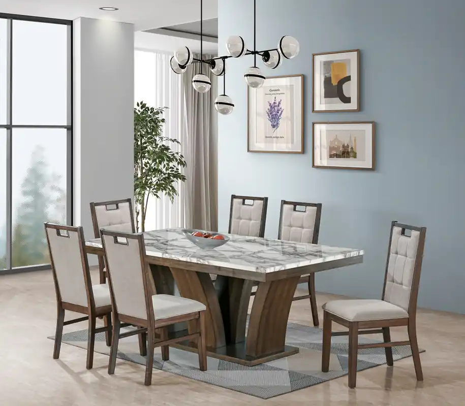 Rustic Brown Faux Marble 7-Piece Dining Set (Table + 6 Upholstered Side Chairs)