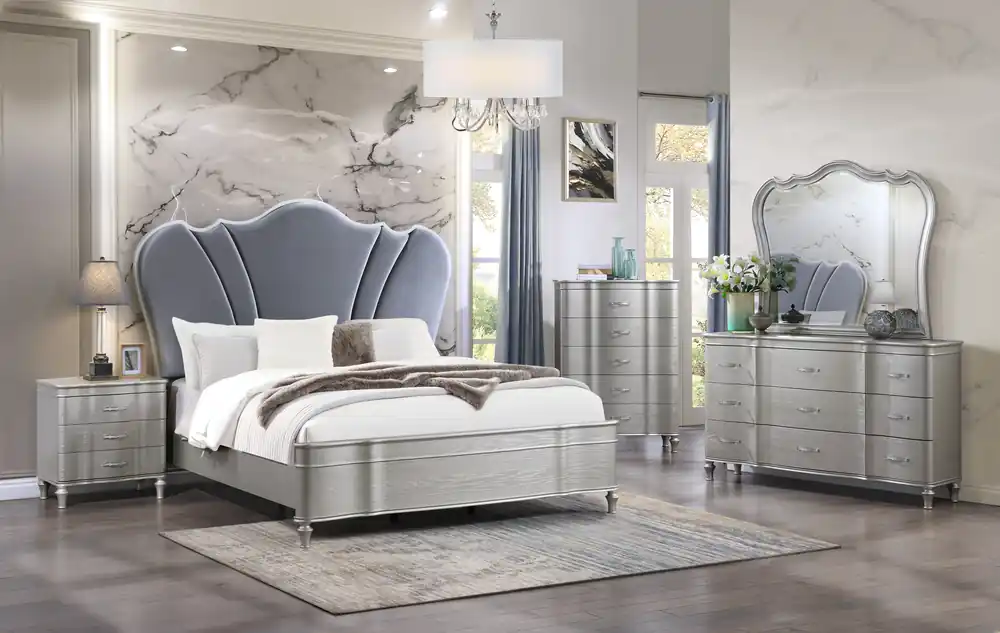 6 Piece Champagne Velvet Scalloped Bedroom Set - Mollai Collections