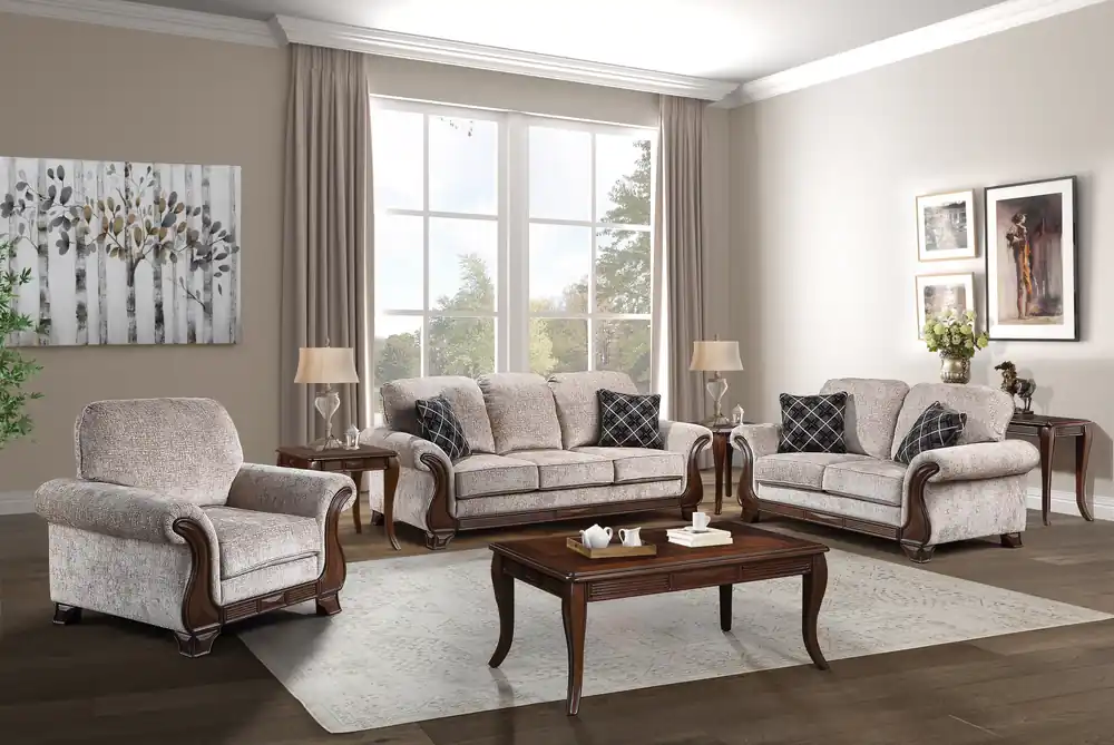 Transitional Dark Brown 3-Piece Coffee Table Set with Framed Inlay-Style Tops & Curved Legs