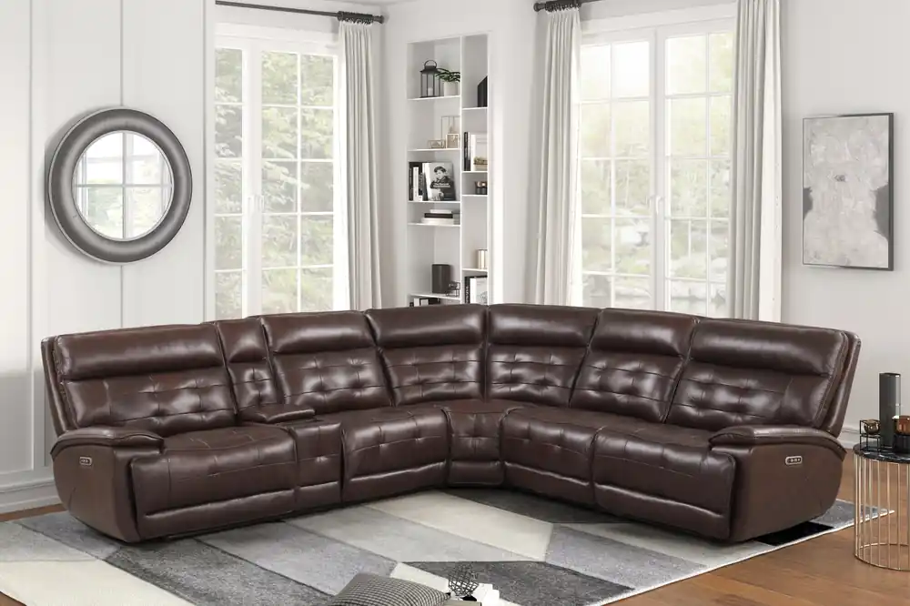 Brown 3 Piece Power Reclining Sectional with Top Grain Leather Seating - Sara Collections