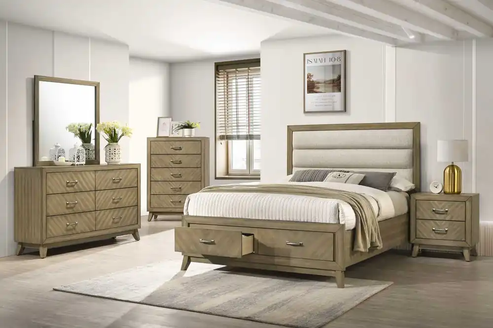 Transitional Antique Gray 6-Piece Bedroom Set with Upholstered Panel Bed, Dresser, Mirror & Nightstand