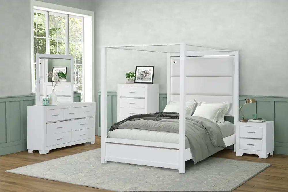 White Canopy 6 Pc Bedroom Set (Bed, Dresser, Mirror & Nightstand) - Mollai Collections