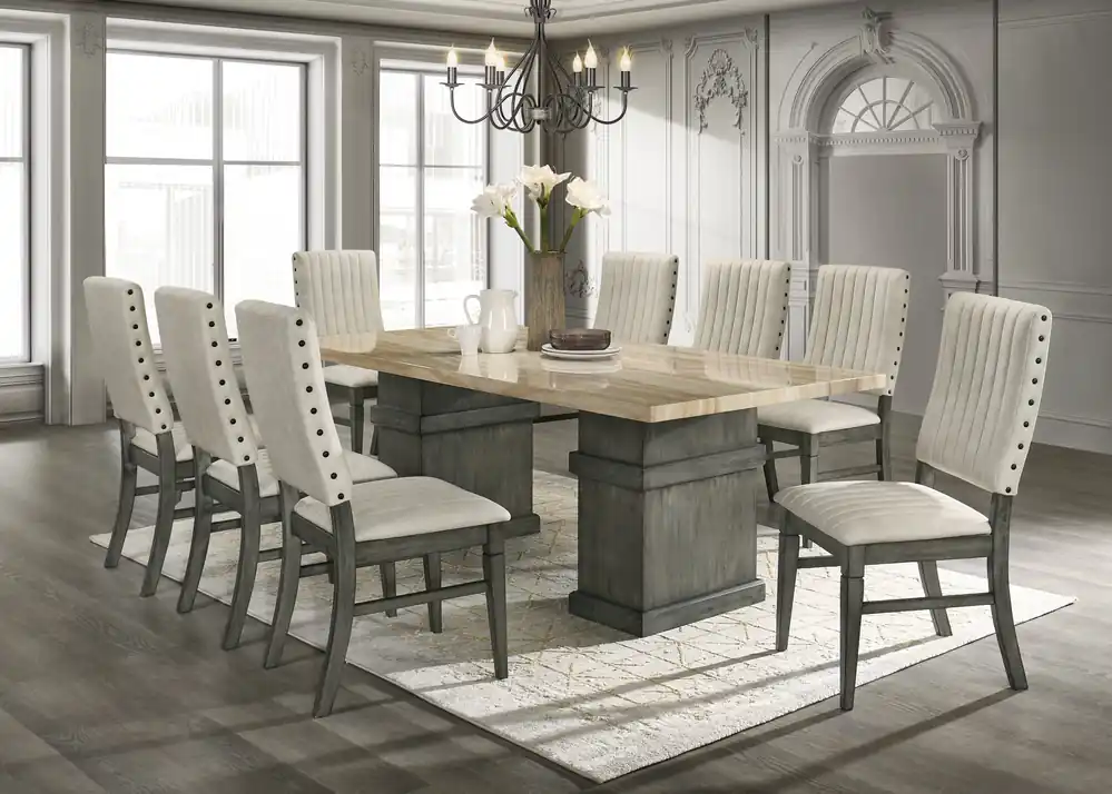 Transitional 9 Piece Dining Set with Upholstered Nailhead Chairs (Grey/Beige) - Mollai Collections