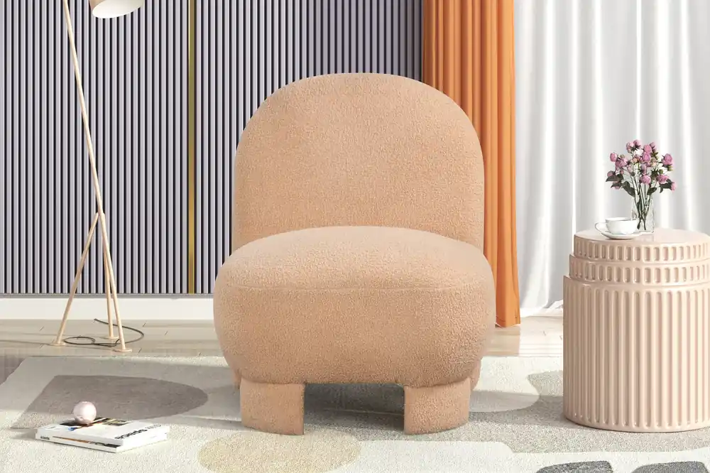Light Brown Bouclé Modern Armless Accent Chair with Curved Back & Plush Seat - Sara Collections