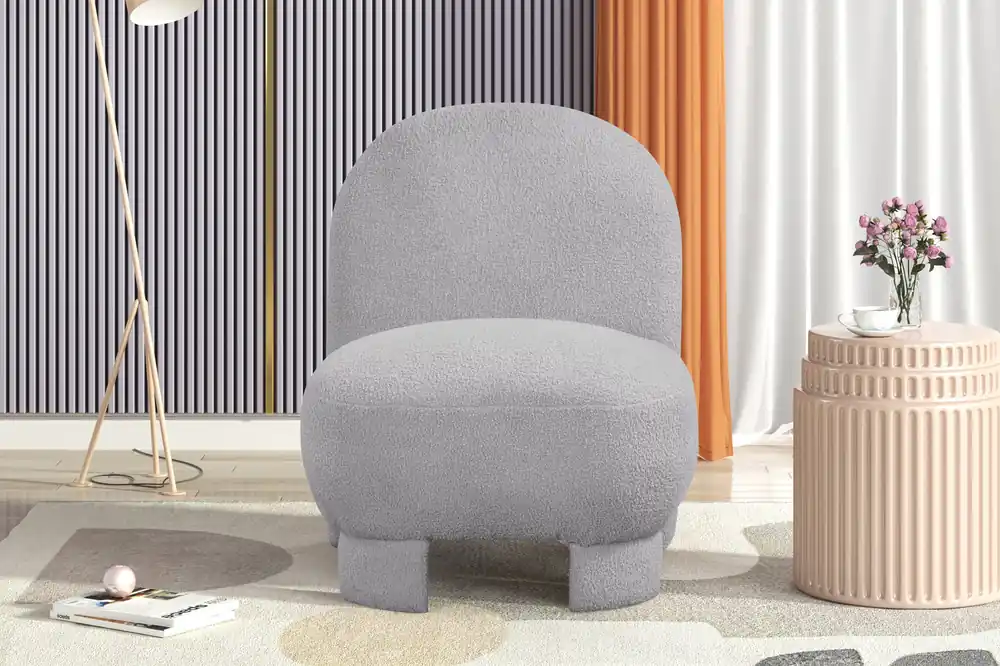 Light Gray Bouclé Modern Armless Accent Chair with Curved Back & Plush Seat - Sara Collections