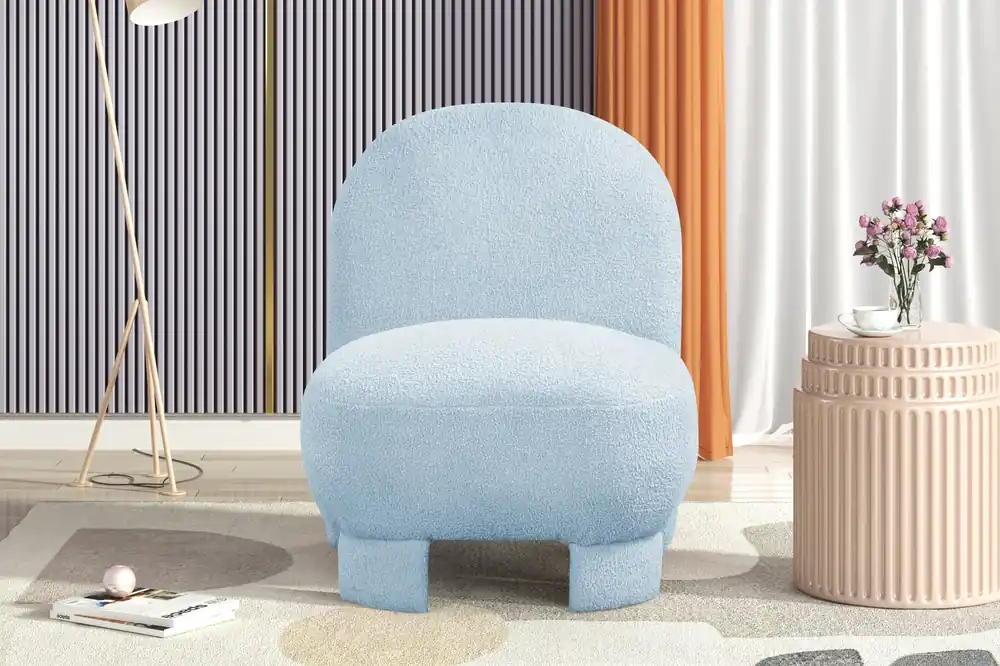 Light Blue Bouclé Modern Armless Accent Chair with Curved Back & Plush Seat - Sara Collections