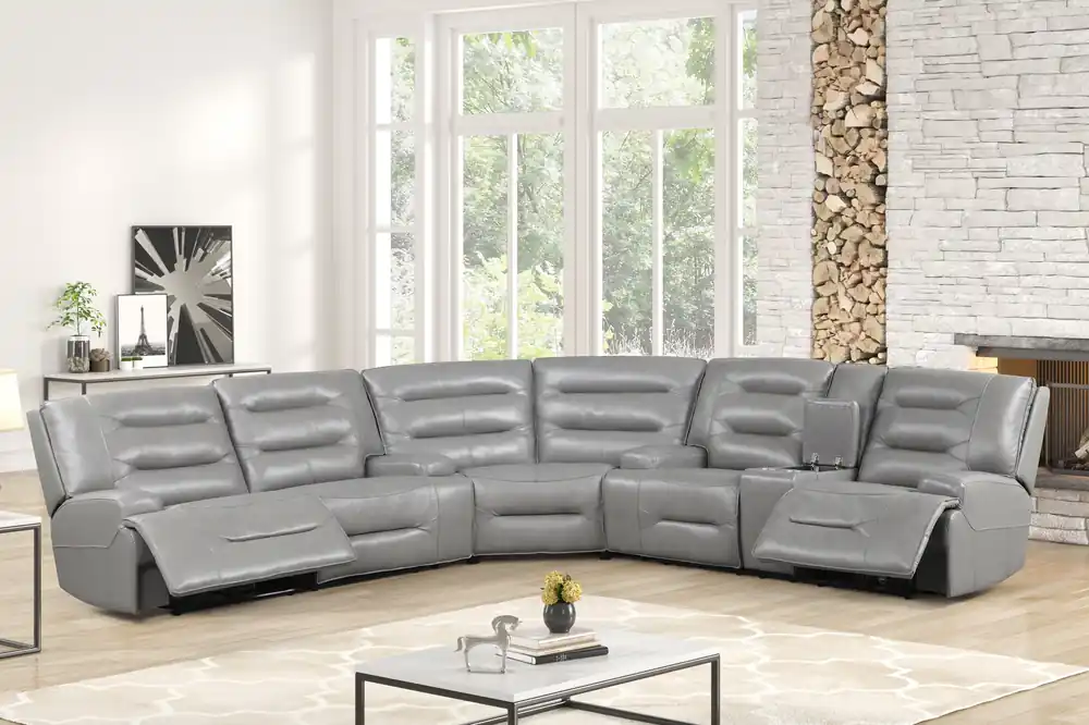 Modern Gray Top Grain Leather Power Reclining Sectional with Console & Cup Holders - Sara Collections