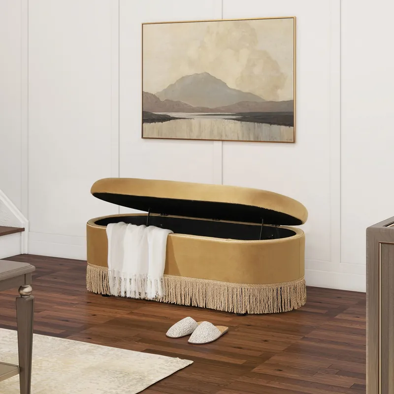 Melinda - Oval Tufted Bullion Fringe Storage Bench