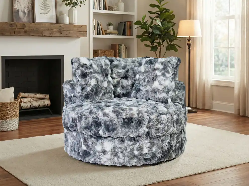 Gray Faux Fur Swivel Accent Chair with Plush Pillows - Sara Collections