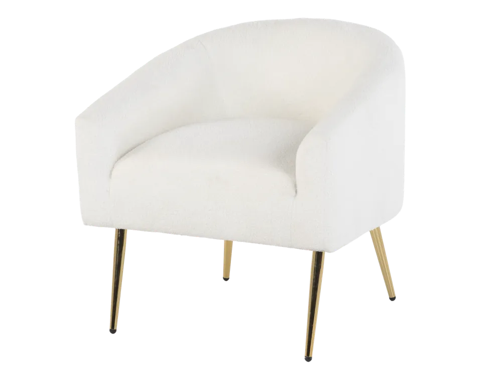 Modern Boucle Accent Chair in White with Gold Metal Legs - Sara Collections