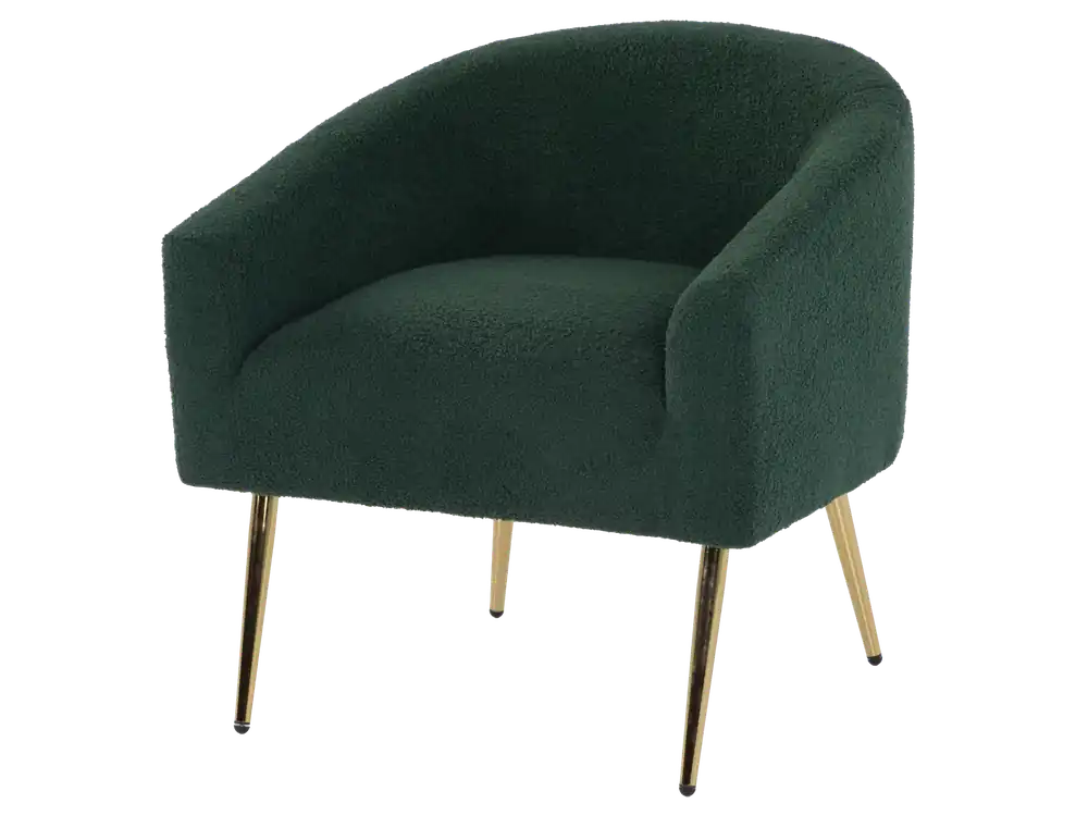 Dark Green Boucle Barrel Accent Chair with Gold Metal Legs - Sara Collections