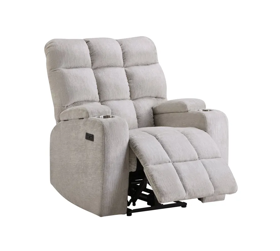 Beige Power Recliner with Tufted Back & Armrest Cupholders - Sara Collections