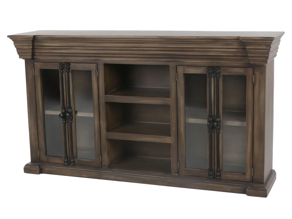 Rustic Brown Glass Door TV Console with Center Shelving - Mollai Collections