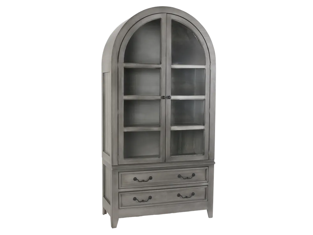 Arched Gray Display Cabinet with Glass Doors & Storage Drawers - Mollai Collections