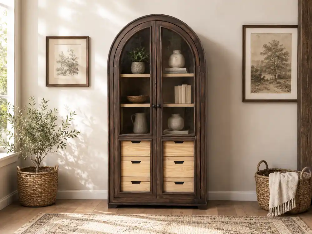 Rustic Brown Arched Glass Door Curio Cabinet with 6 Drawers - Mollai Collections