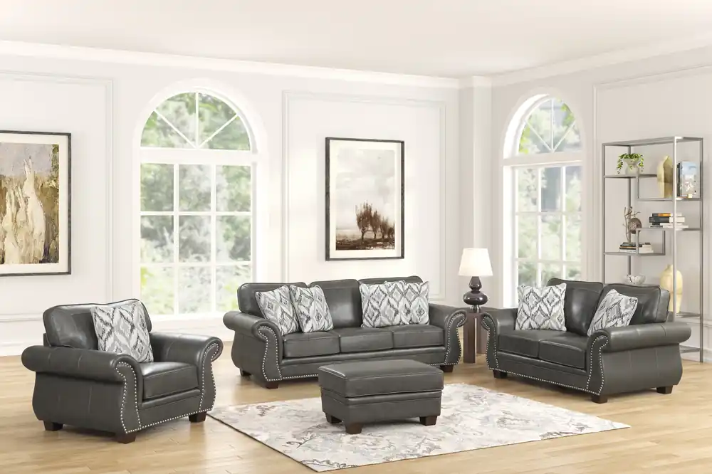 Smoke Grey Top-Grain Leather 4-Piece Living Room Set with Sofa, Loveseat, Chair & Ottoman
