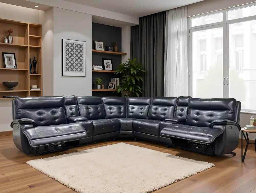 Black Leather Power Reclining Sectional Sofa with 2 Consoles, USB & Wireless Charger - Sara Collections