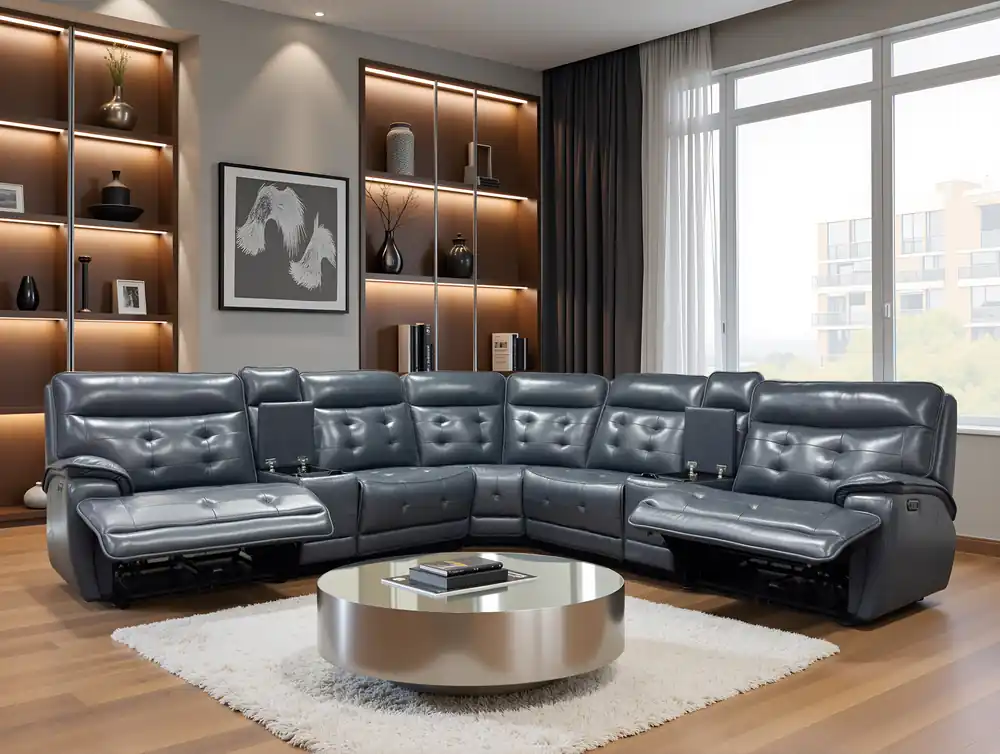 Jade Leather Power Reclining Sectional Sofa with Power Headrest, USB & Wireless Charger - Sara Collections