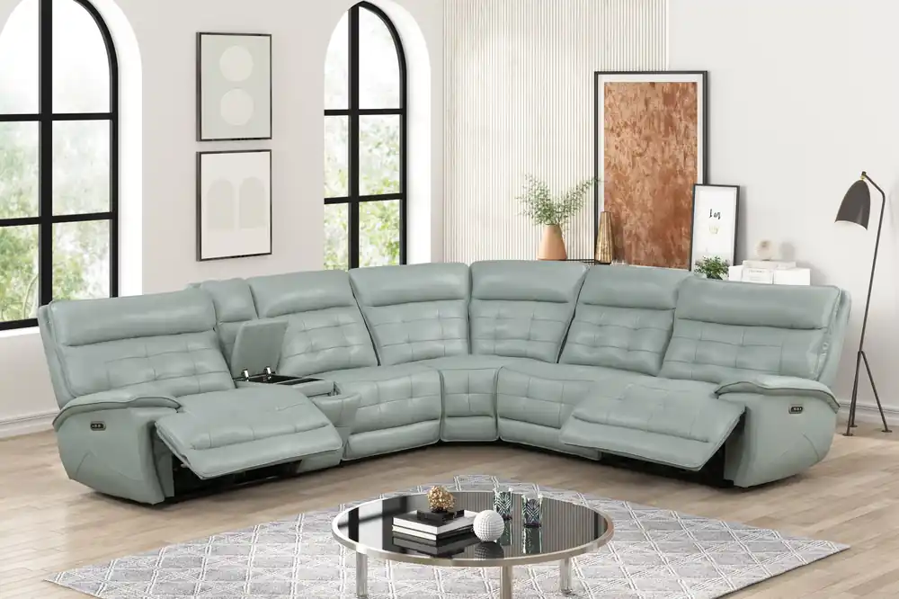 Ice Blue Leather Power Reclining Sectional with Power Headrests, Storage Console & USB Charging - Sara Collections