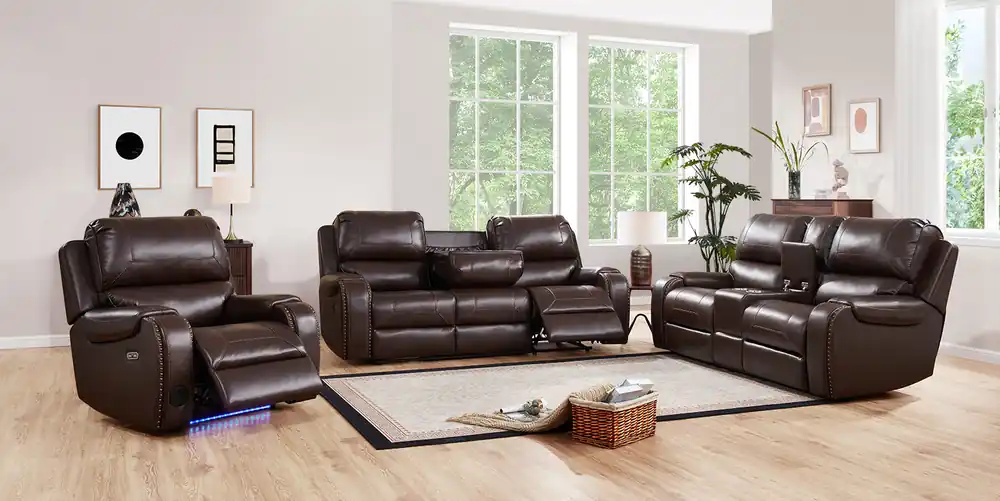 Brown 3 Piece Power Reclining Living Room Set with Sofa, Loveseat & Recliner - Sara Collections