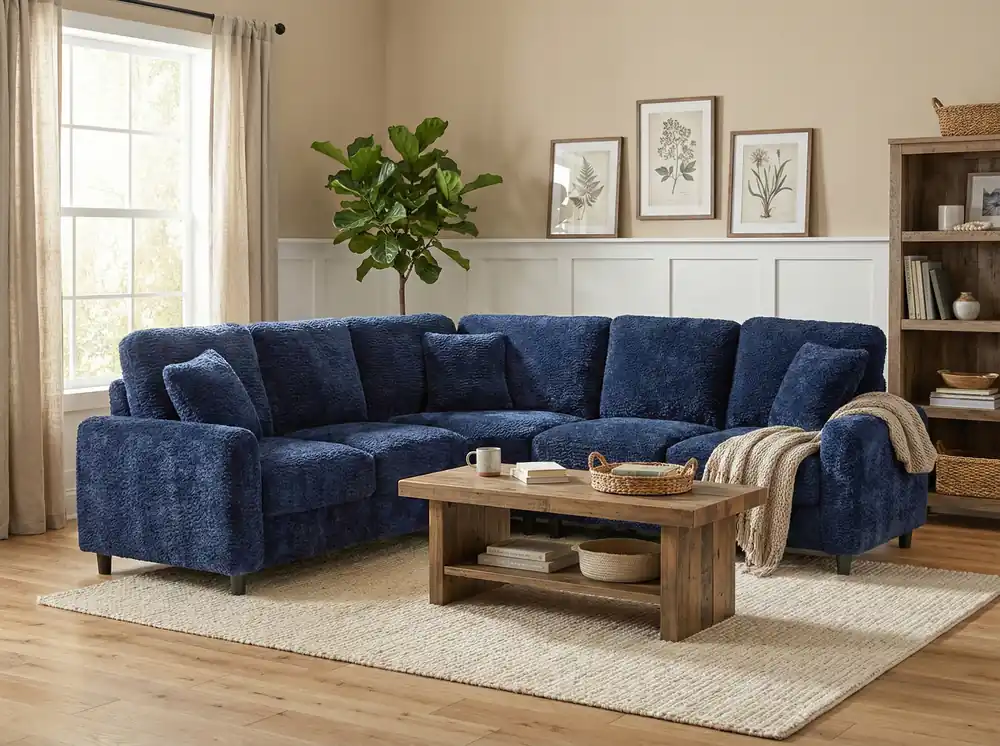Navy Chenille 3-Piece Sectional Sofa with Pillows