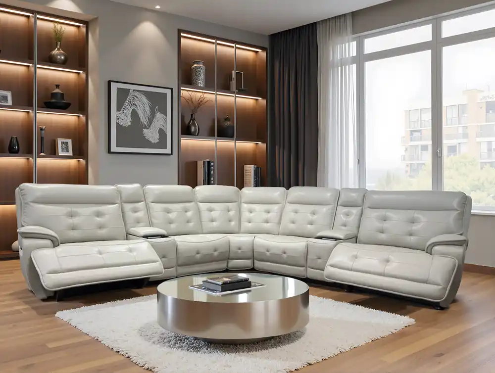 Beige Real Leather Power Reclining Sectional Sofa with Wireless Charging & USB Ports - Sara Collections