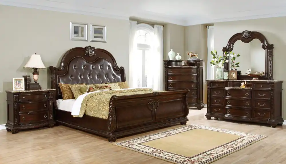 Traditional Bedroom Set in Dark Cherry with Tufted PU Headboard and Marble Tops - Mollai Collections