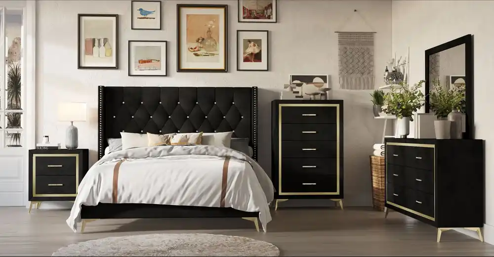 Black & Gold Glam Upholstered Bedroom Set (Bed, Dresser & Mirror, Nightstand) - Mollai Collections