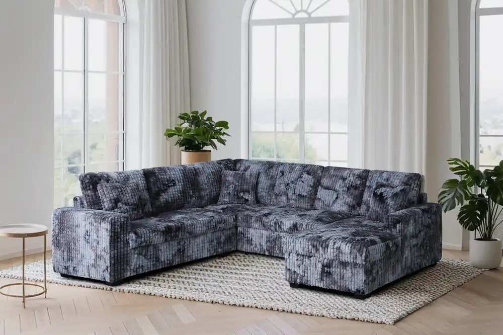 Grey Coduroy 3-Piece Sectional Sofa with Right Chaise — Textured Plush Fabric