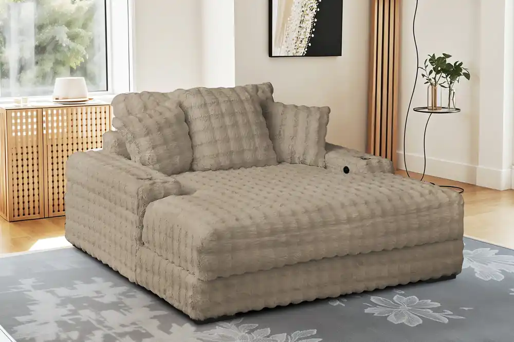 Camel Velvet Chaise Lounge with Dual Cupholders & USB Charging Ports - Sara Collections