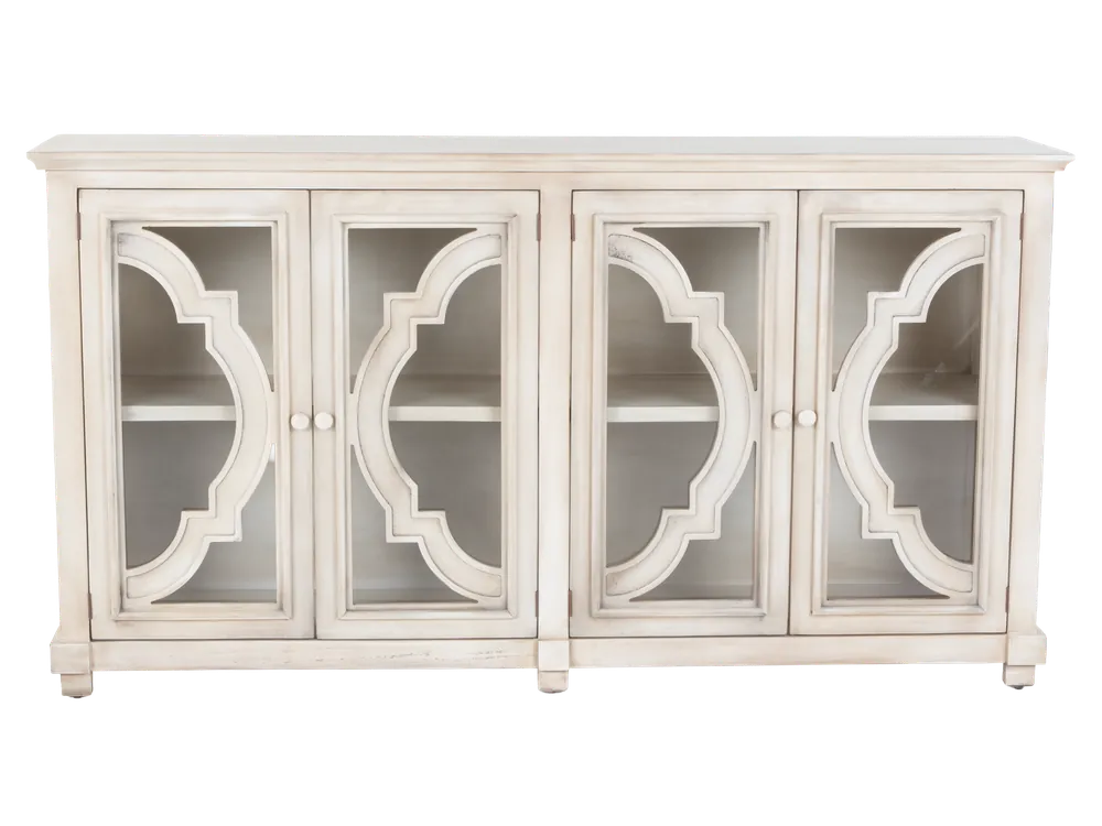 Antique Cream 4-Door Glass Sideboard with Shelves