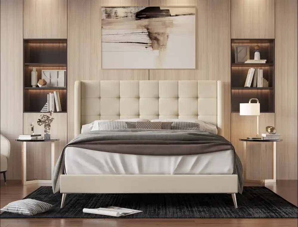 Beige Wingback Tufted Upholstered Bed - Mollai Collections