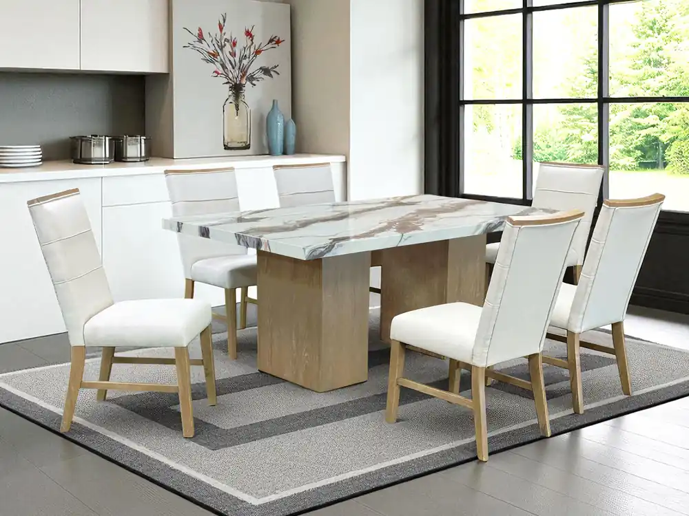 7-Pc Dining Set with Linen Chairs (72" Table, Light Brown Base)