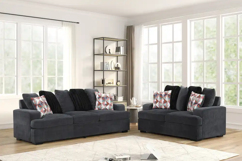 Charcoal Gray Modern 2-Piece Living Room Set with Sofa & Loveseat