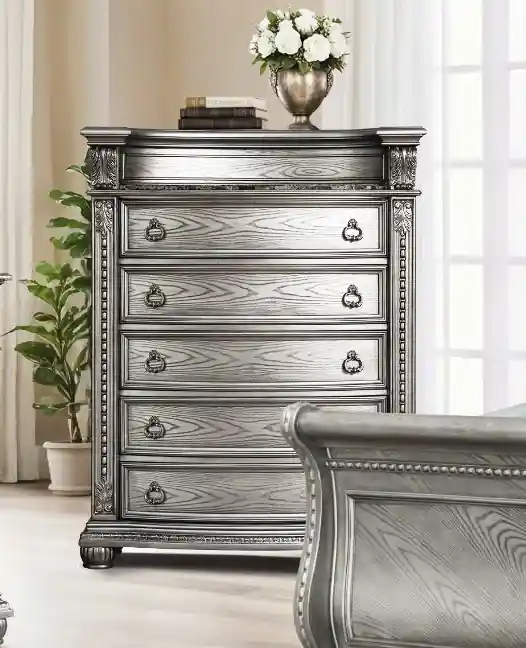 Grey Traditional Carved Chest with Wood Top - Mollai Collections