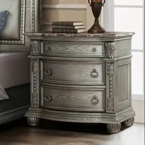 Grey Nightstand with Brown Marble Top - Mollai Collections