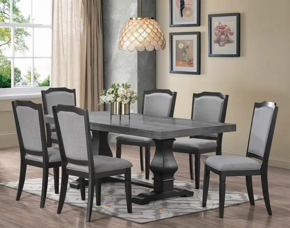 7-Pc Concrete-Look & Black Dining Set with Upholstered Chairs