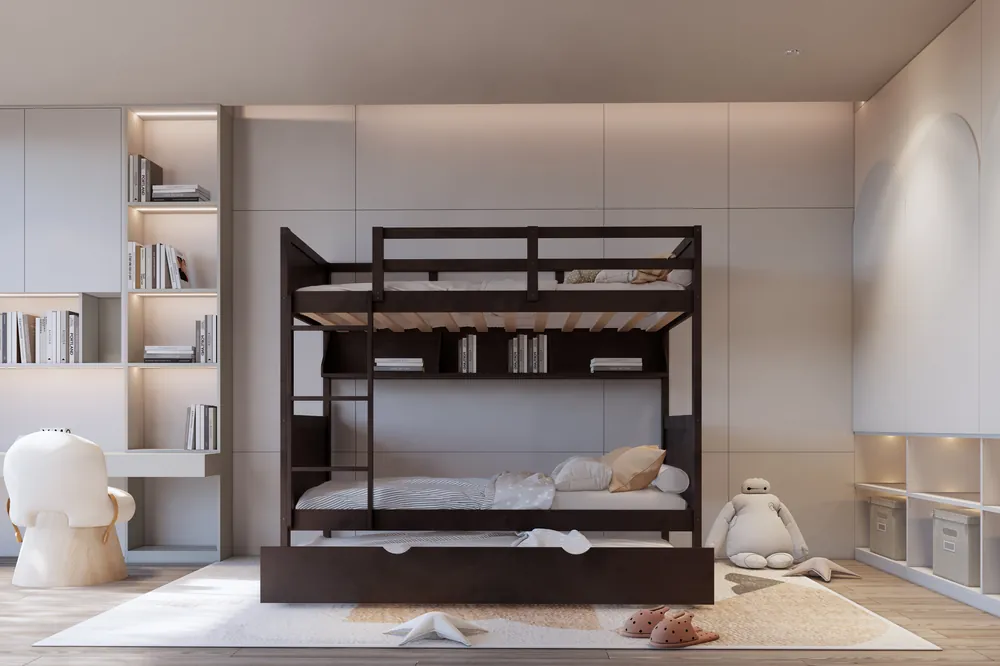 Espresso Twin-Over-Twin Bunk Bed with Bookshelf & Roll-Out Trundle