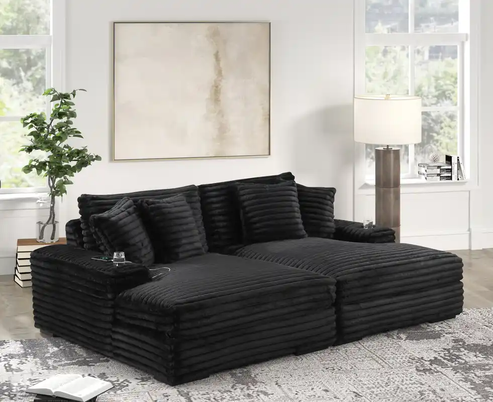 Midnight Black Plush Double Chaise Lounge with USB Port & Cup Holder - Sara Collections
