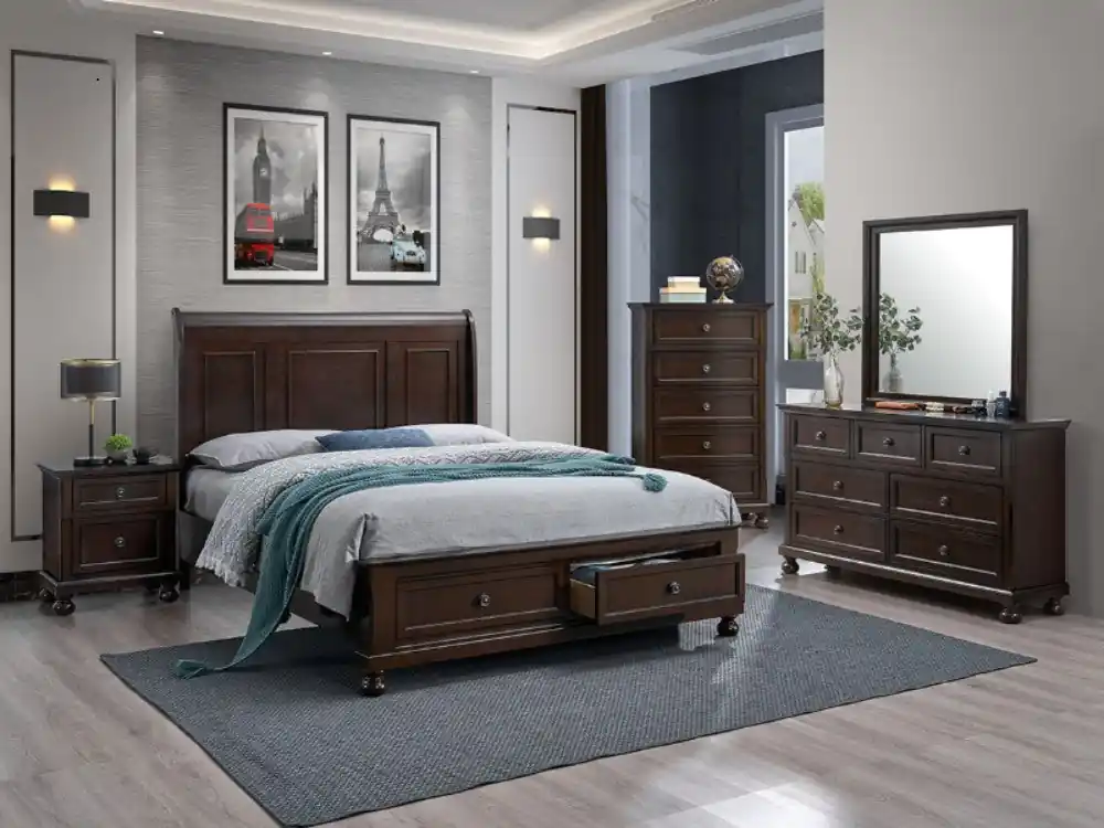 Transitional Espresso 6-Piece Queen Storage Bedroom Set (Bed, Dresser, Mirror, & Nightstand)