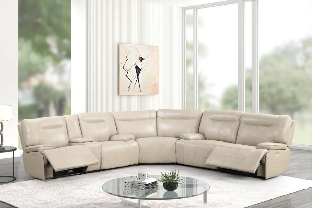 Cream Top Grain Leather Power Reclining Sectional with Console & Wireless Charging - Sara Collections