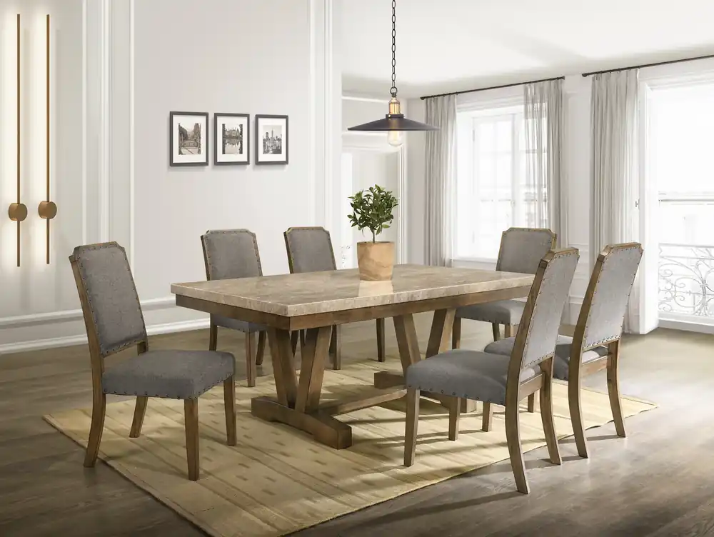 Transitional Golden Flower Marble Top 7-Piece Dining Set in Antique Dark Oak