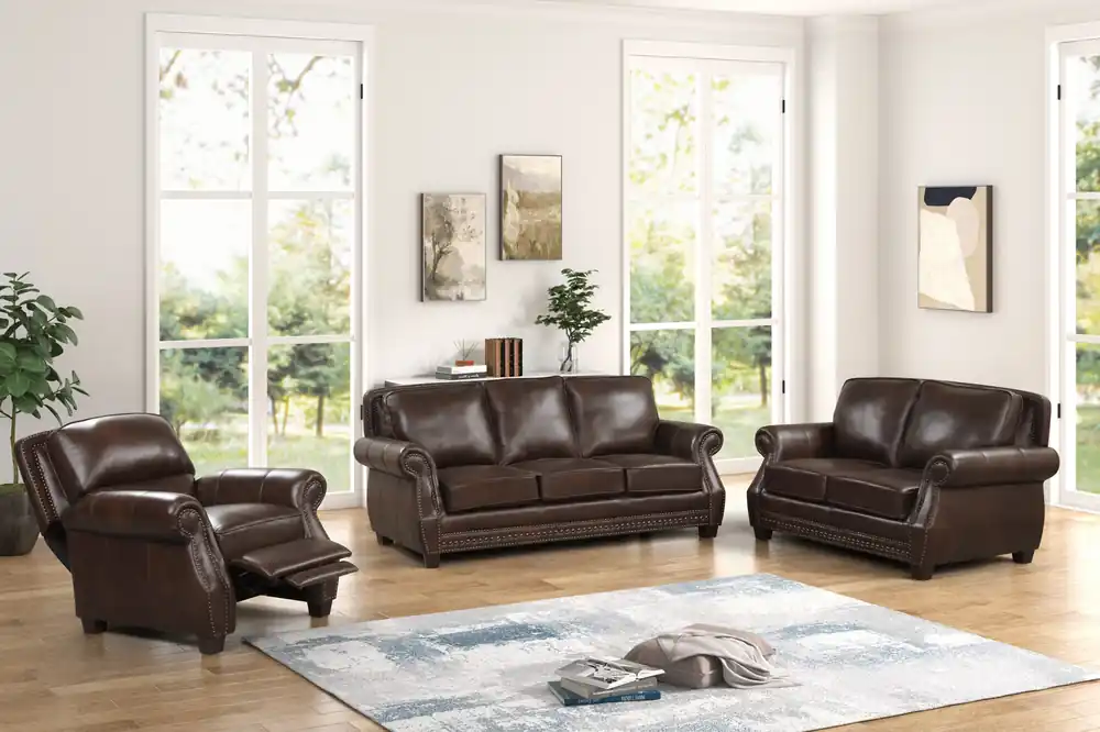 Brown Top Grain Leather Sofa, Loveseat & Push Back Recliner Living Room Set - Sara Collections