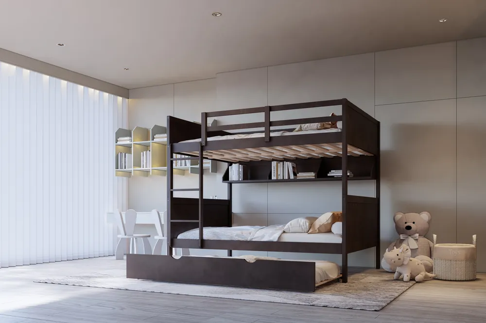 Espresso Full Over Full Bunk Bed with Trundle & Book Shelf - Mollai Collections