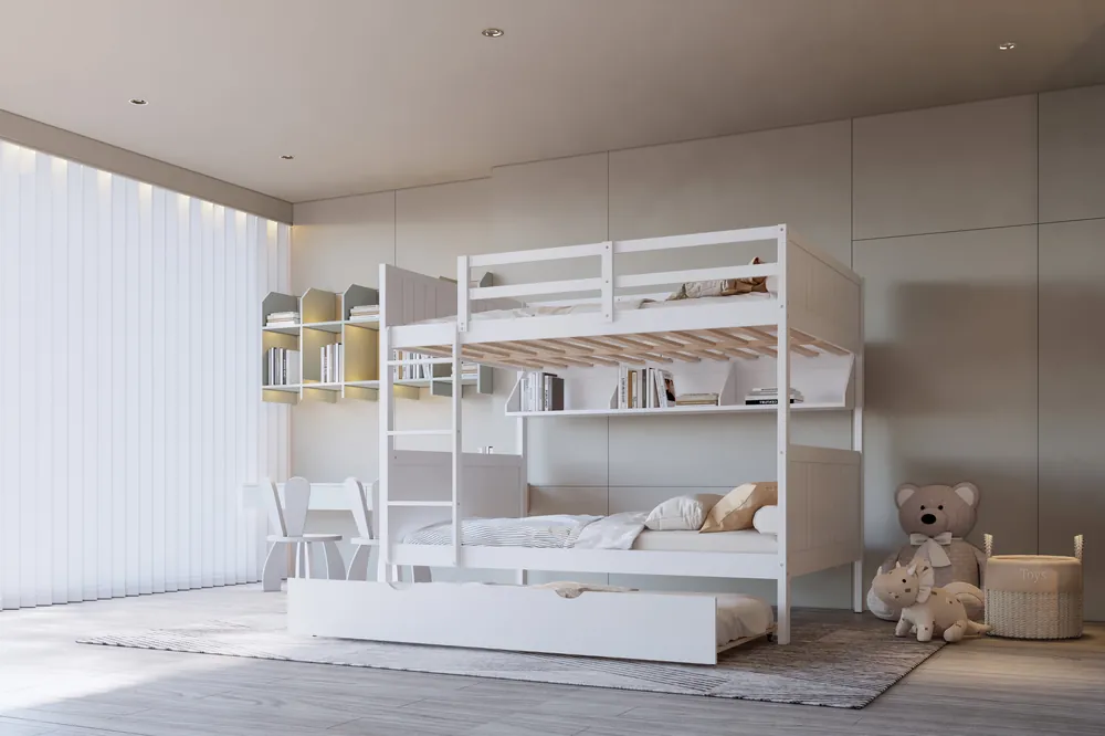White Full Over Full Bunk Bed with Trundle & Storage Shelf - Mollai Collections