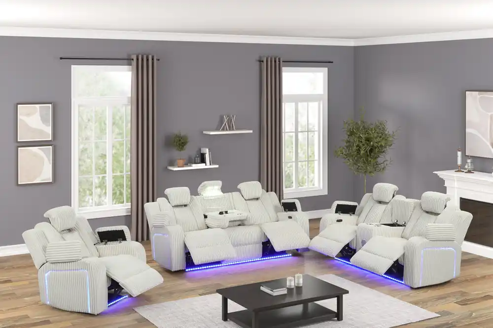 Beige Corduroy Power Reclining Living Room Set w/ Power Headrests, LED Lights, Speakers, USB & Wireless Charging - Sara Collections
